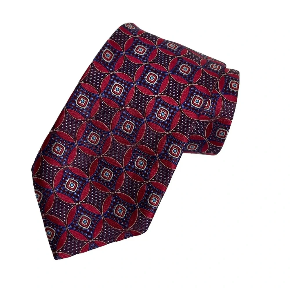Ermenegildo Zegna Tie Mens Officewear Burgundy Blue Geometric Silk Made in Italy